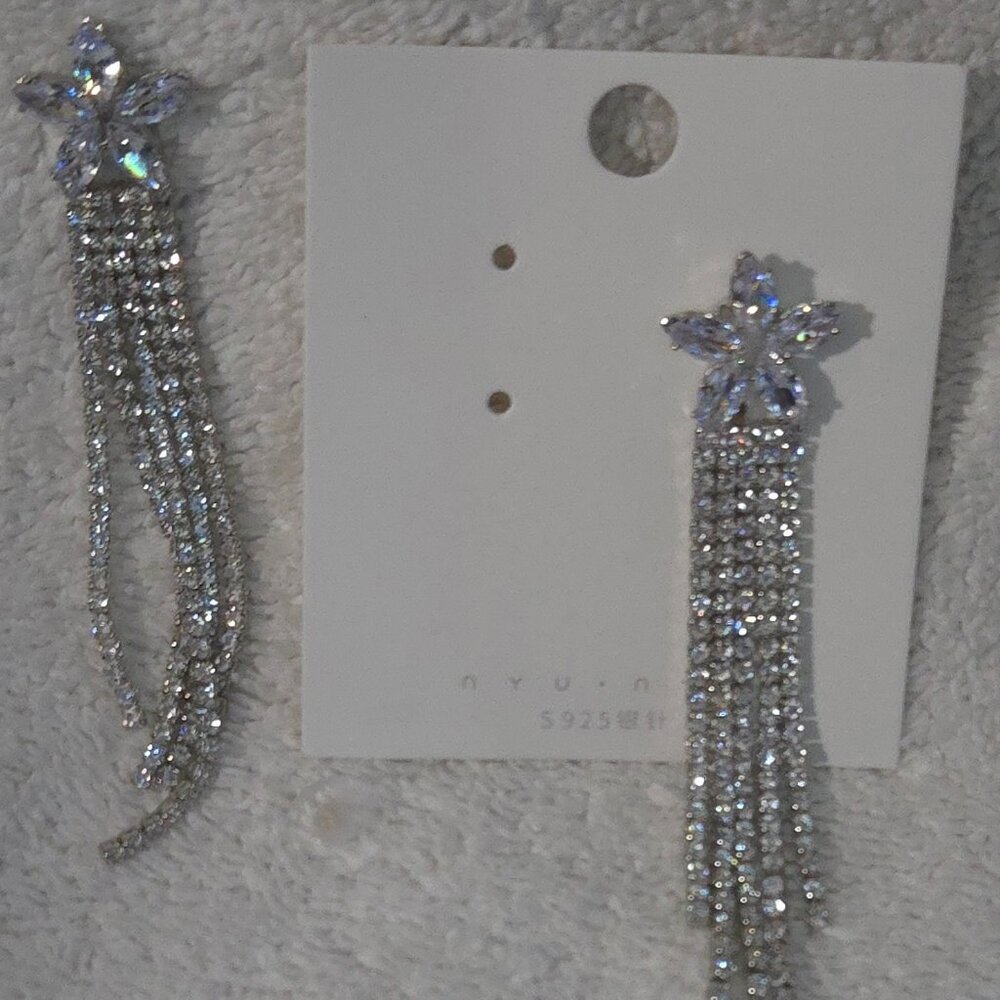 Silver Crystal Flower Drop Earrings